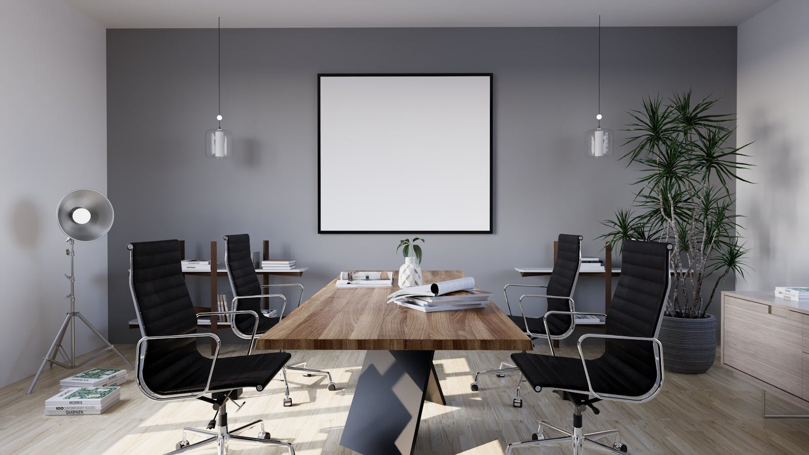 Sleek modern conference room with minimalist design and indoor plants