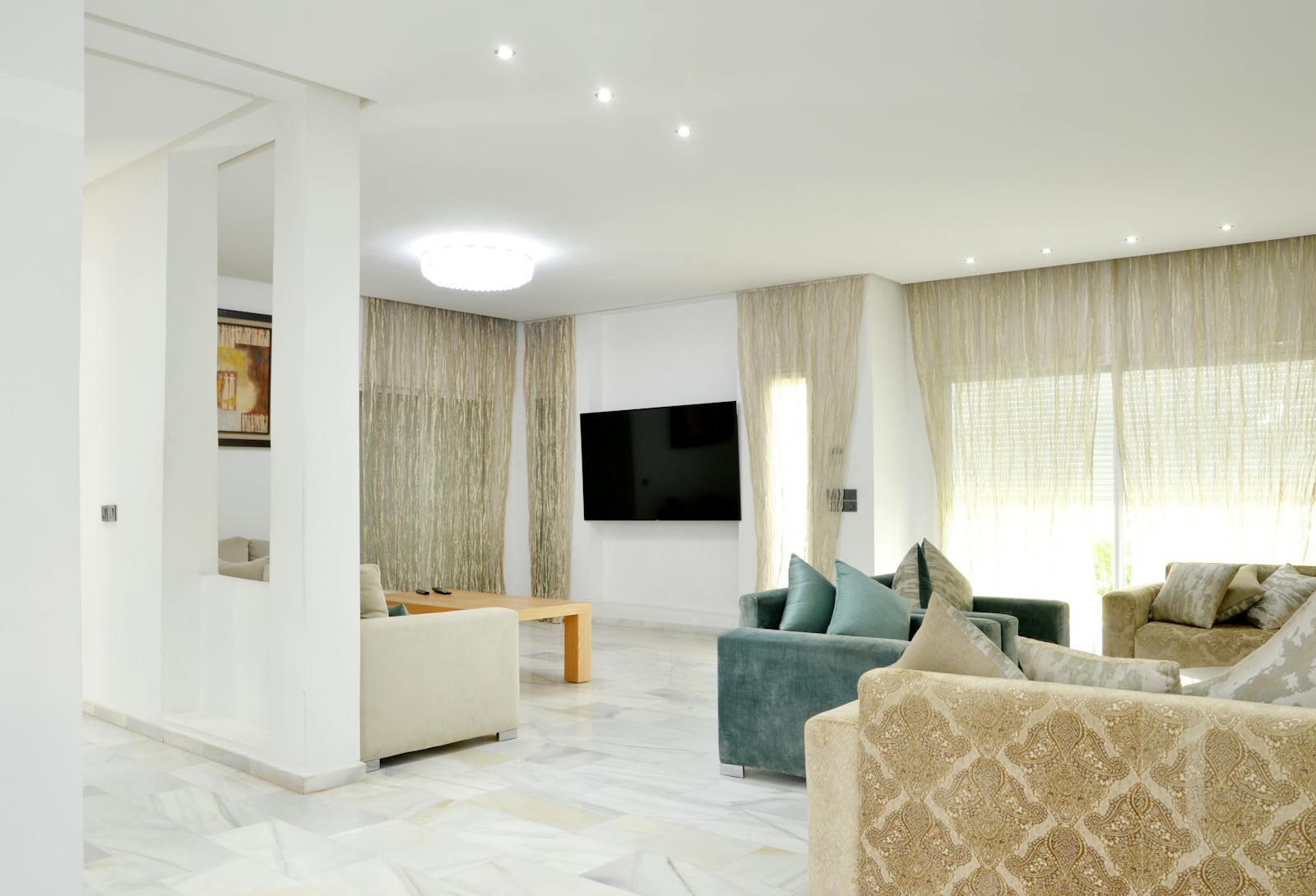 Spacious modern living room with elegant contemporary sofas and decor